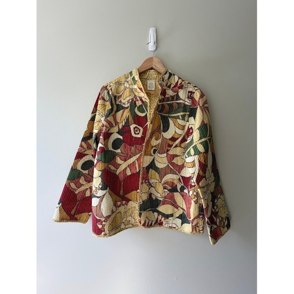 Boho Eclectic Artsy Alfred Dunner Quilted Jacket 14 Multi Floral Open Front